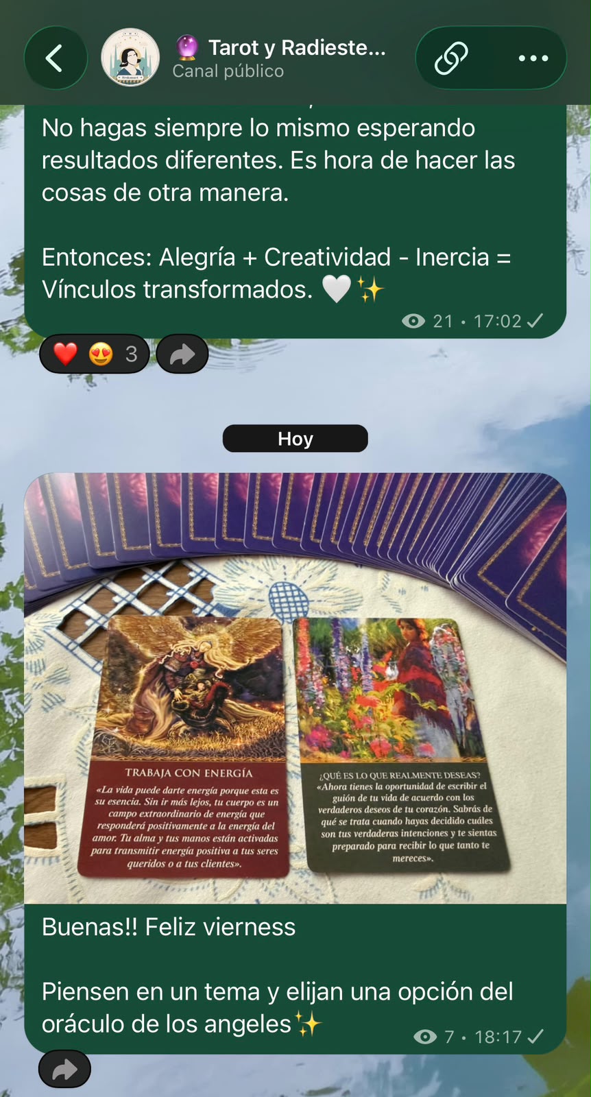 El canal de Henska en WhatsApp, con una tirada de cartas.