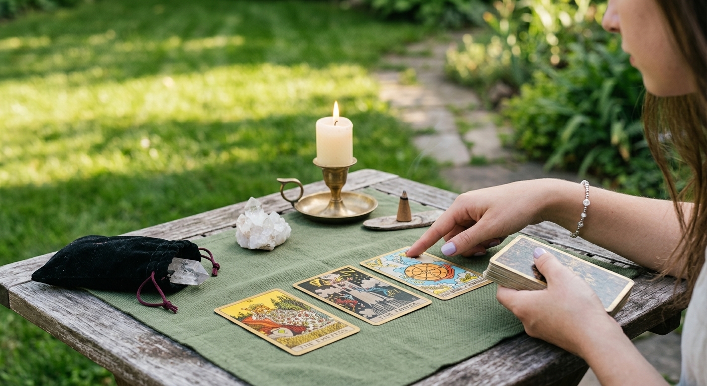Una tirada de tarot sobre una mesa de madera, con una vela encendida.